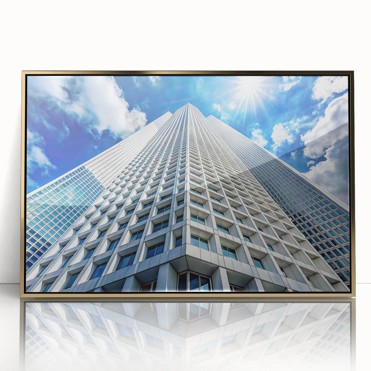 Mid-century modernist art featuring abstract skyscrapers in gold and black acrylic, ideal for modern art wall decor.
