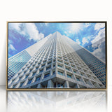 Mid-century modernist art featuring abstract skyscrapers in gold and black acrylic, ideal for modern art wall decor.