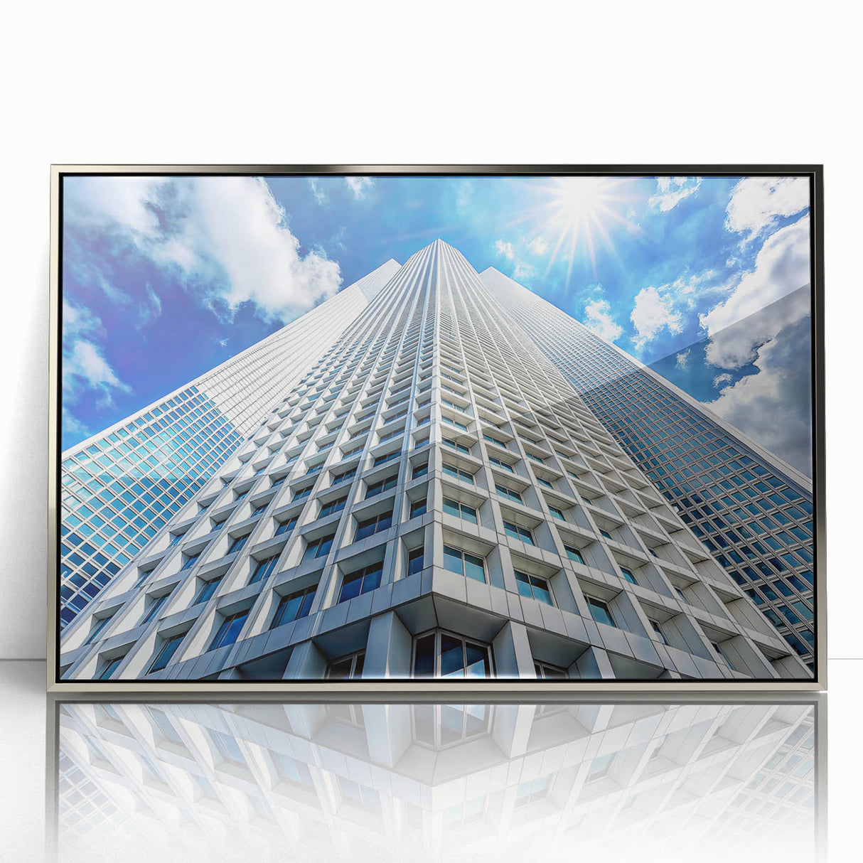 Art deco poster featuring silver skyscrapers on acrylic print, ideal for modern art wall decor in a nursery.