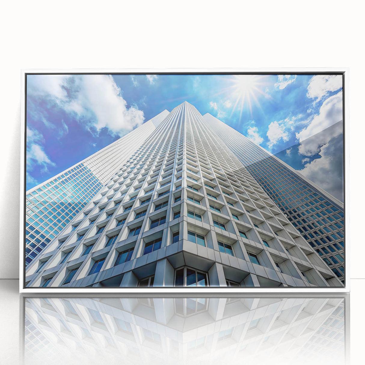 Mid-century modernist skyscraper design on a large acrylic print with a white frame, ideal for modern art wall decor.