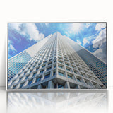 Mid-century modernist skyscraper design on a large acrylic print with a white frame, ideal for modern art wall decor.