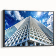 Black and white wall art of a vintage skyscraper design on framed canvas, ideal for bedroom decor.