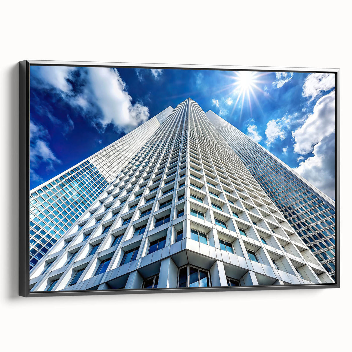Black and white wall art of a vintage skyscraper design on framed canvas, ideal for bedroom decor.