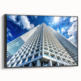Black and white wall art of a vintage skyscraper design on framed canvas, ideal for bedroom decor.