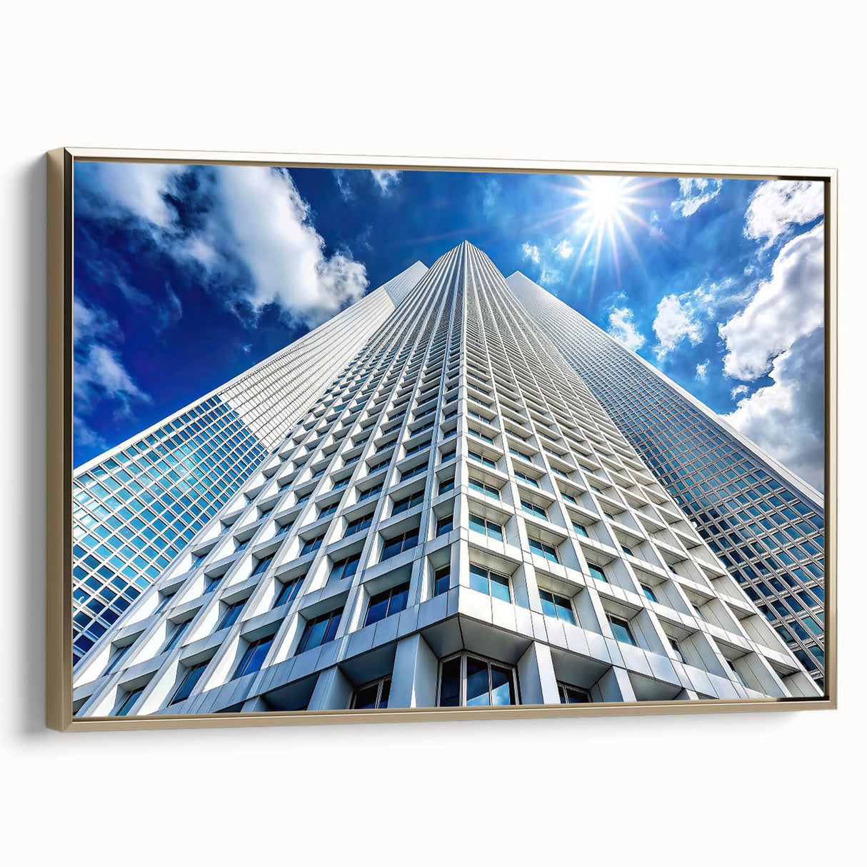 Framed canvas of a vintage-style skyscraper landscape art painting with black and colorful art elements.