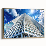 Framed canvas of a vintage-style skyscraper landscape art painting with black and colorful art elements.