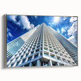Vintage poster art of a skyscraper, framed canvas with black and colorful art, suitable for living room.