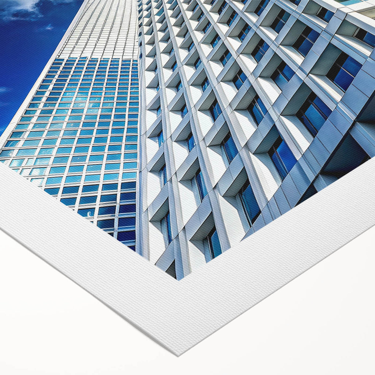 Art deco poster of a skyscraper in monochrome, printed on rolled canvas, suitable for dining room wall art.