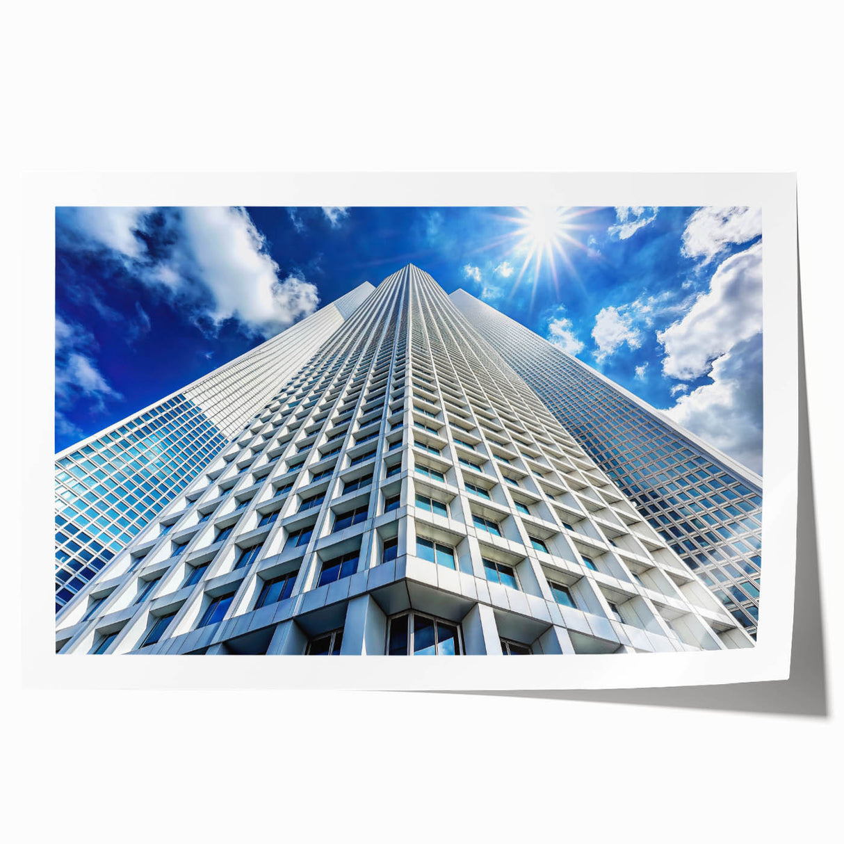 Rolled print of a skyscraper design in muted metallic tones, ideal for art wall dining room.