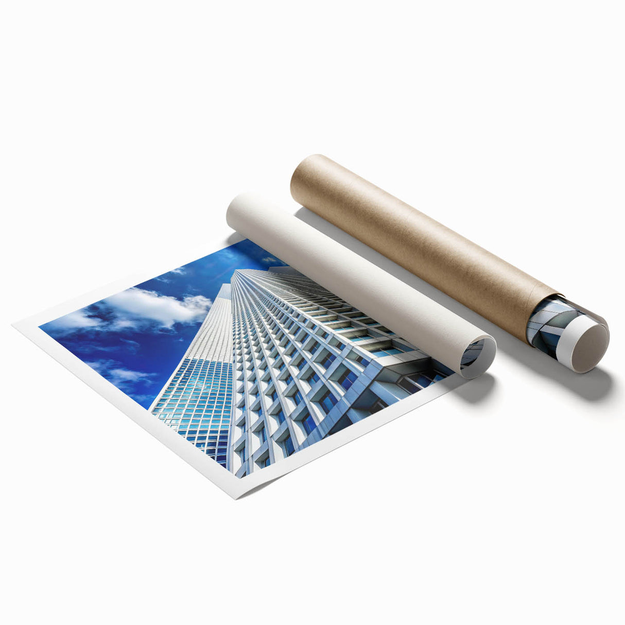 Extra large rolled print of a skyscraper design in muted gray tones, suitable for classy bathroom wall art.