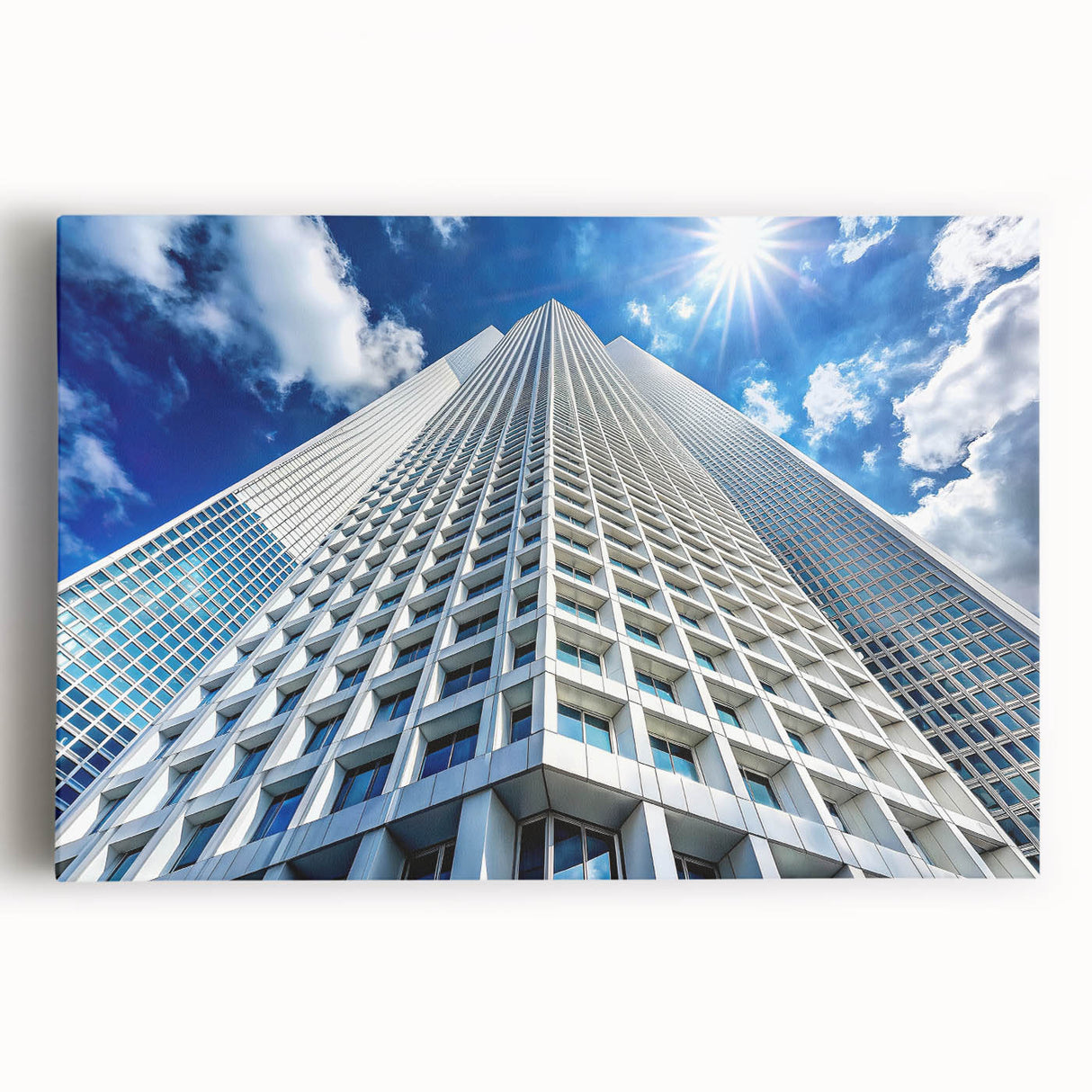 Black and white photo of skyscrapers on stretched canvas, ideal for kitchen wall art.