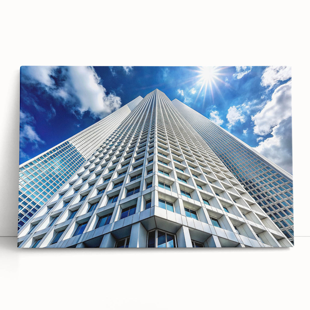 Black and white large art print of skyscrapers on stretched canvas, ideal for kitchen wall art or bedroom ambiance.
