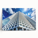 Black and white large art print of skyscrapers on stretched canvas, ideal for kitchen wall art or bedroom ambiance.