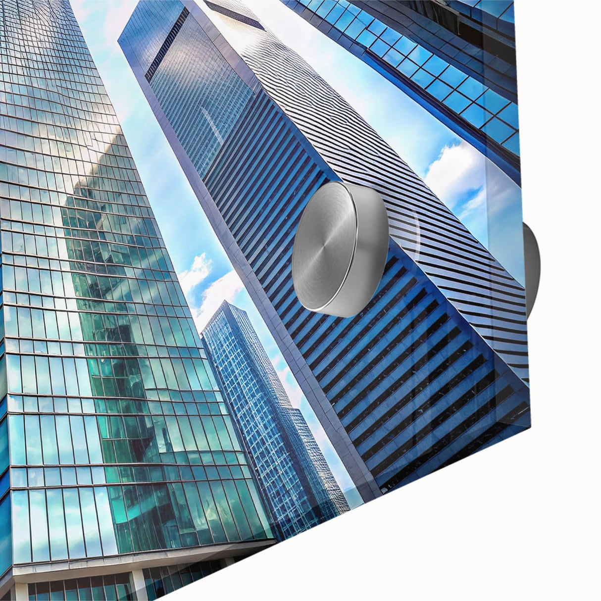 Large abstract wall art featuring a mid-century modernist skyscraper design in muted gray tones on acrylic glass.