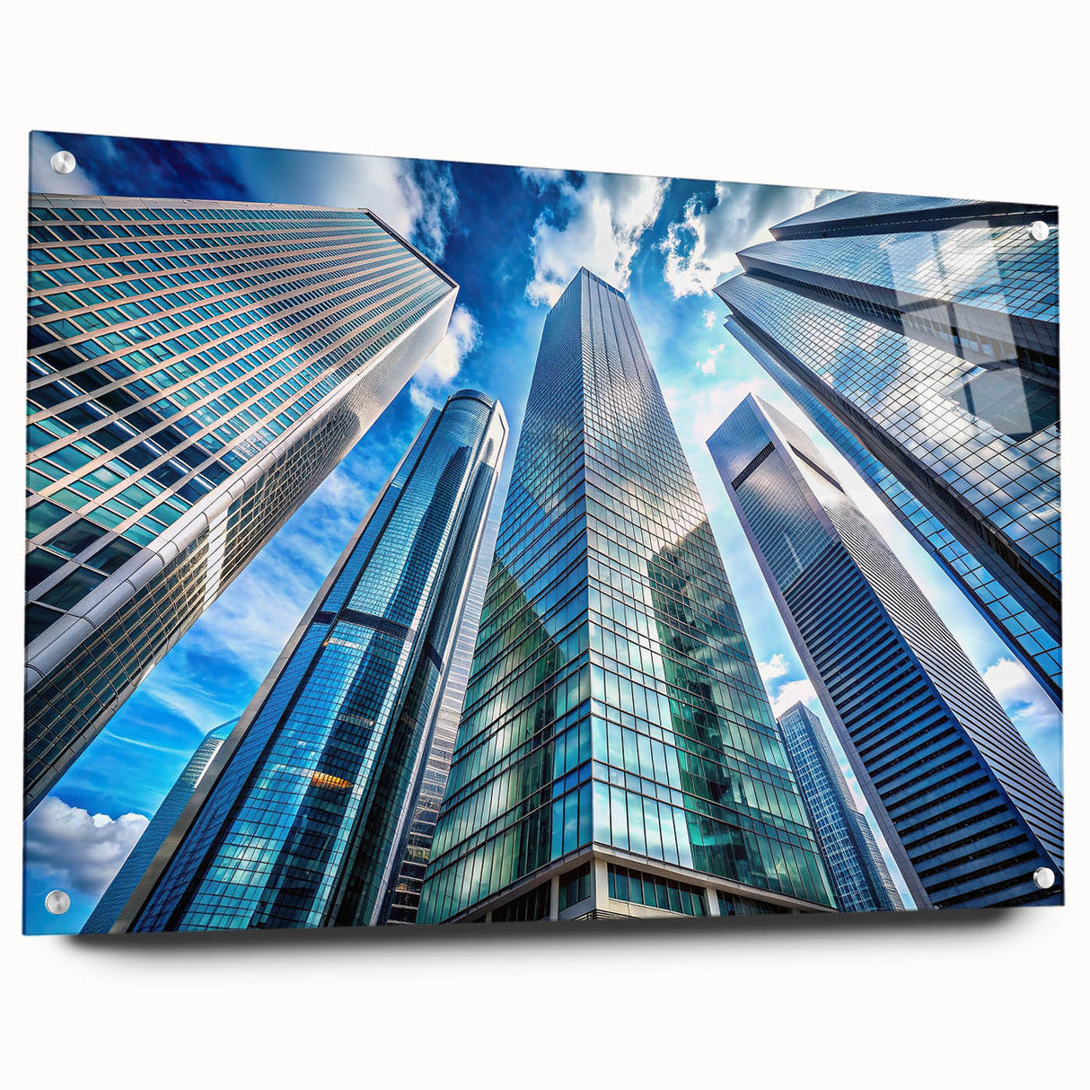 Acrylic print of a large abstract skyscraper design in cool gray tones, ideal for modern bedroom or dining room decor.