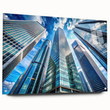 Acrylic print of a large abstract skyscraper design in cool gray tones, ideal for modern bedroom or dining room decor.