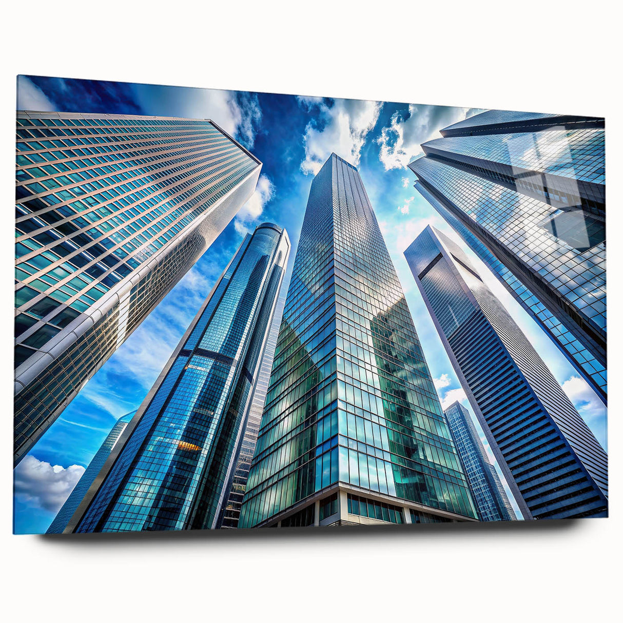 Large abstract wall art featuring a skyscraper design in muted gray tones on acrylic glass.