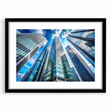 Extra large abstract art print featuring colorful, textured skyscraper designs on a framed black mat.