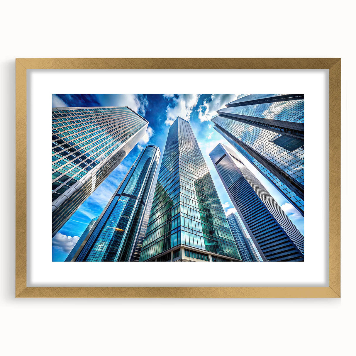 Textured art print of abstract skyscrapers in muted gray and gold tones, framed in gold, ideal for bedroom decor.