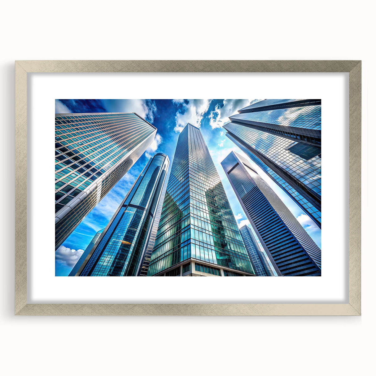 Abstract art print of geometric skyscrapers in silver frame, ideal for modern dining room decor.