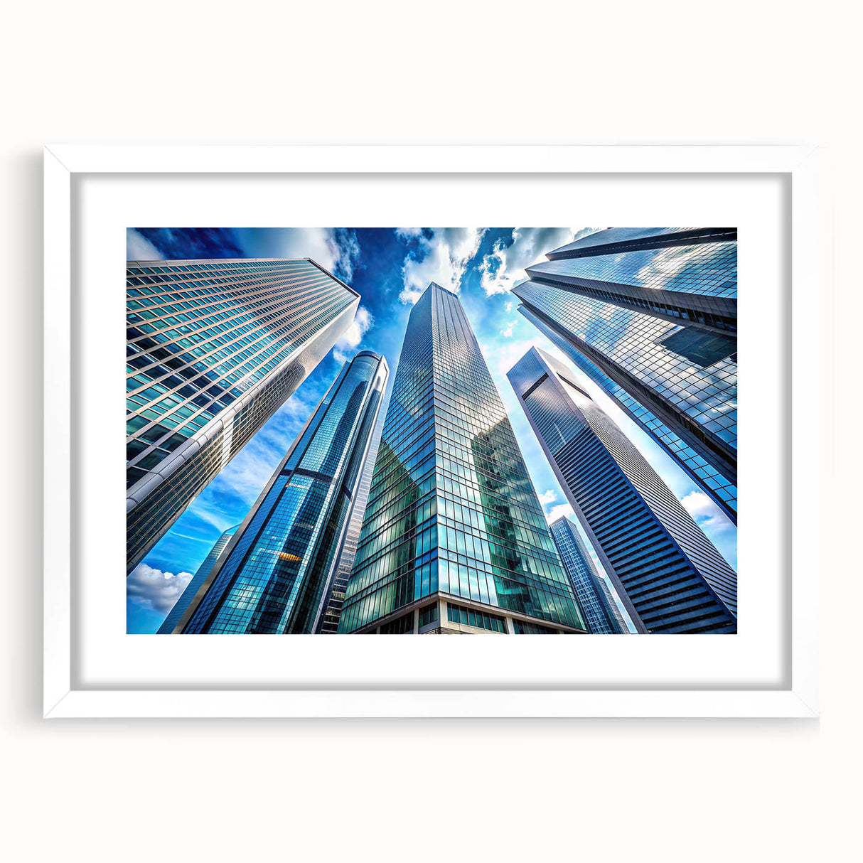 Extra large abstract art print of skyscrapers in muted gray tones on a framed white mat, suitable for living room decor.