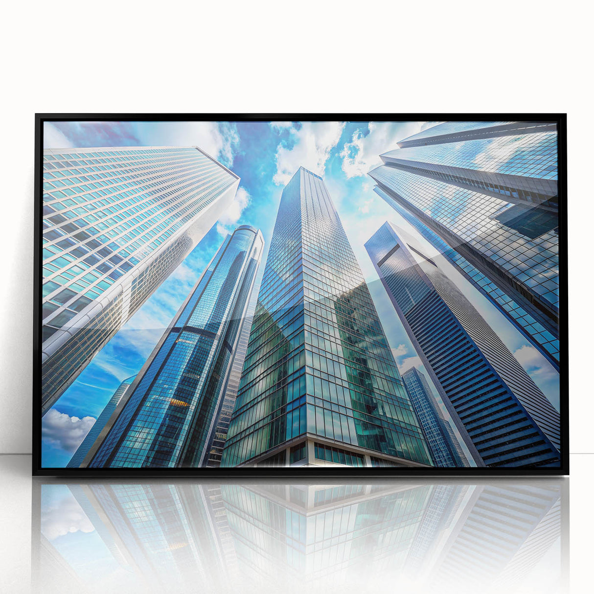 Large abstract wall art of a skyscraper, in muted gray tones on framed acrylic, ideal for modern office decor.
