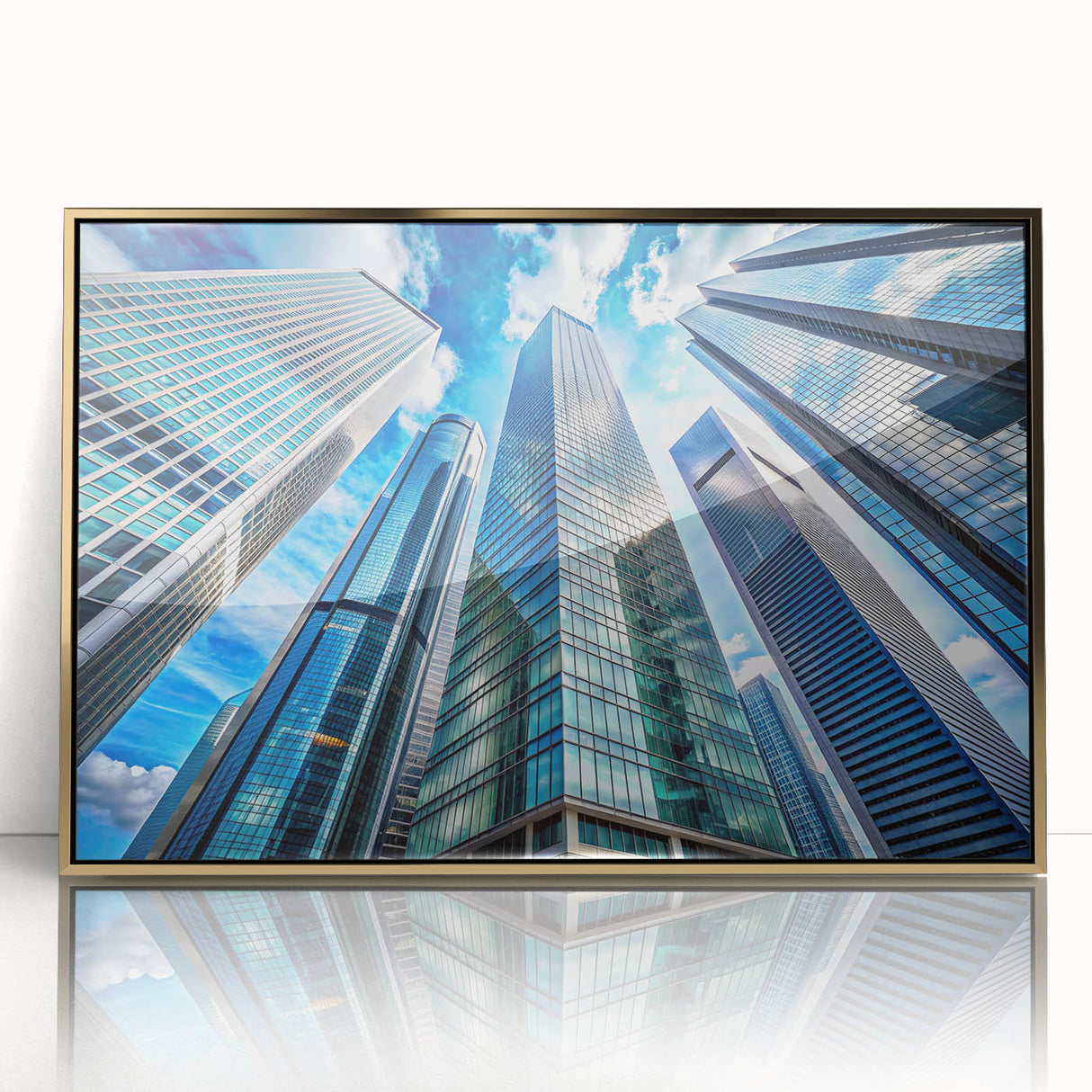 Mid-century modernist art depicting skyscrapers in muted gold tones on a framed acrylic, suitable for modern art wall decor.