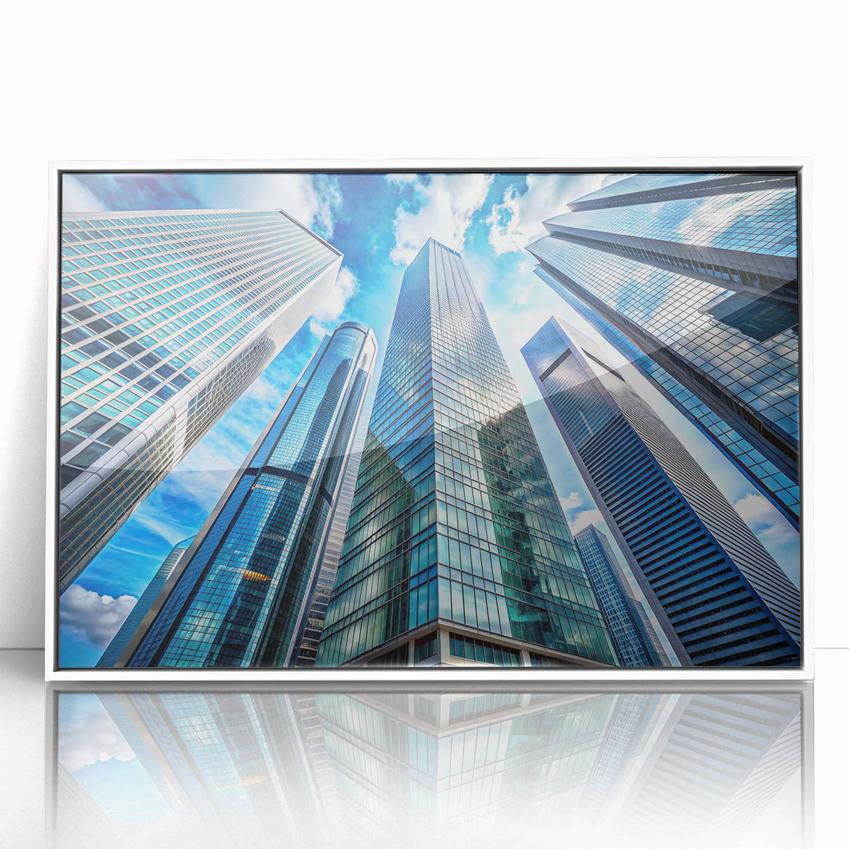 Mid-century modernist skyscraper design on a large acrylic print with a white frame, ideal for modern art wall decor.