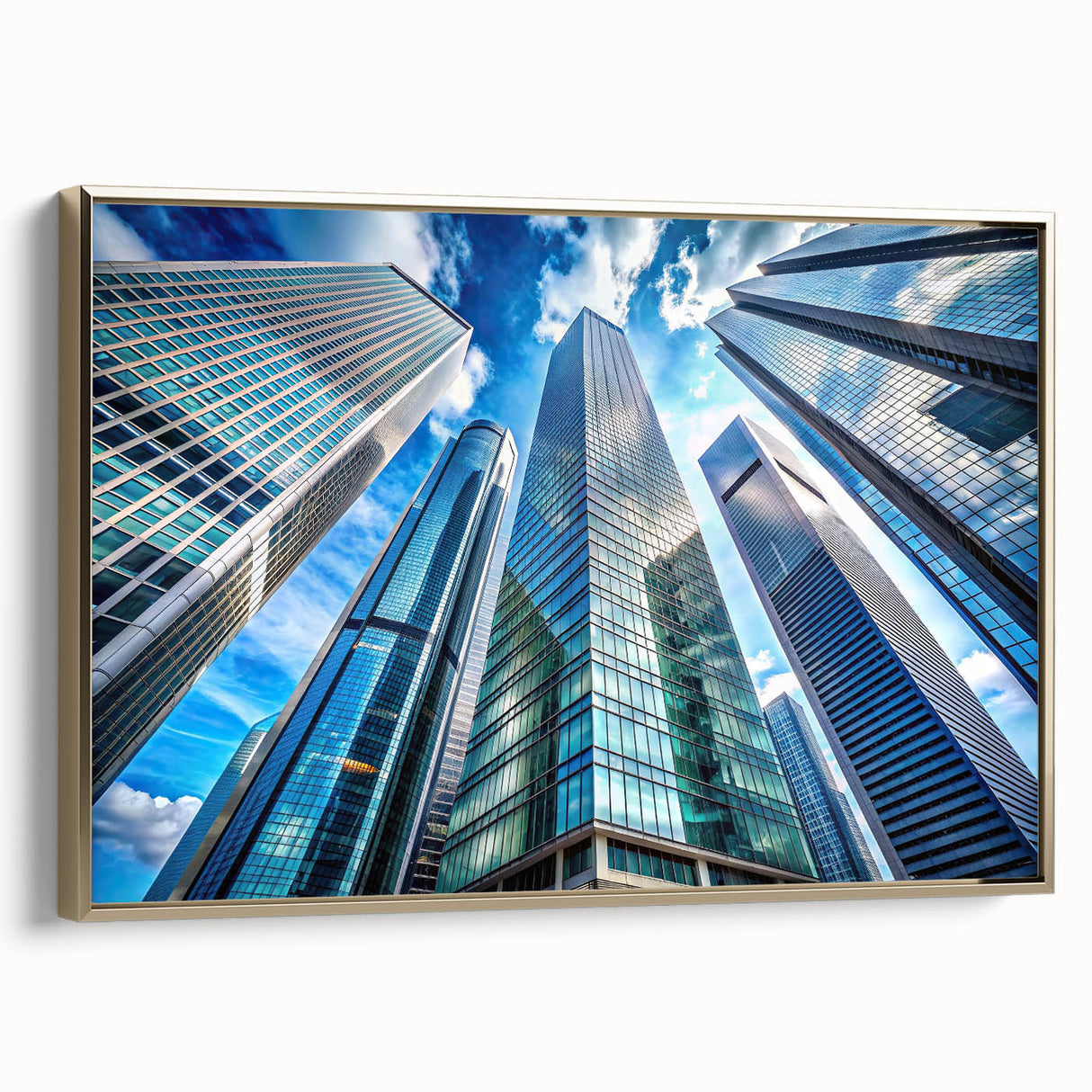 Framed canvas depicting a vintage black skyscraper landscape with colorful art accents, ideal for office decor.