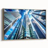 Framed canvas depicting a vintage black skyscraper landscape with colorful art accents, ideal for office decor.