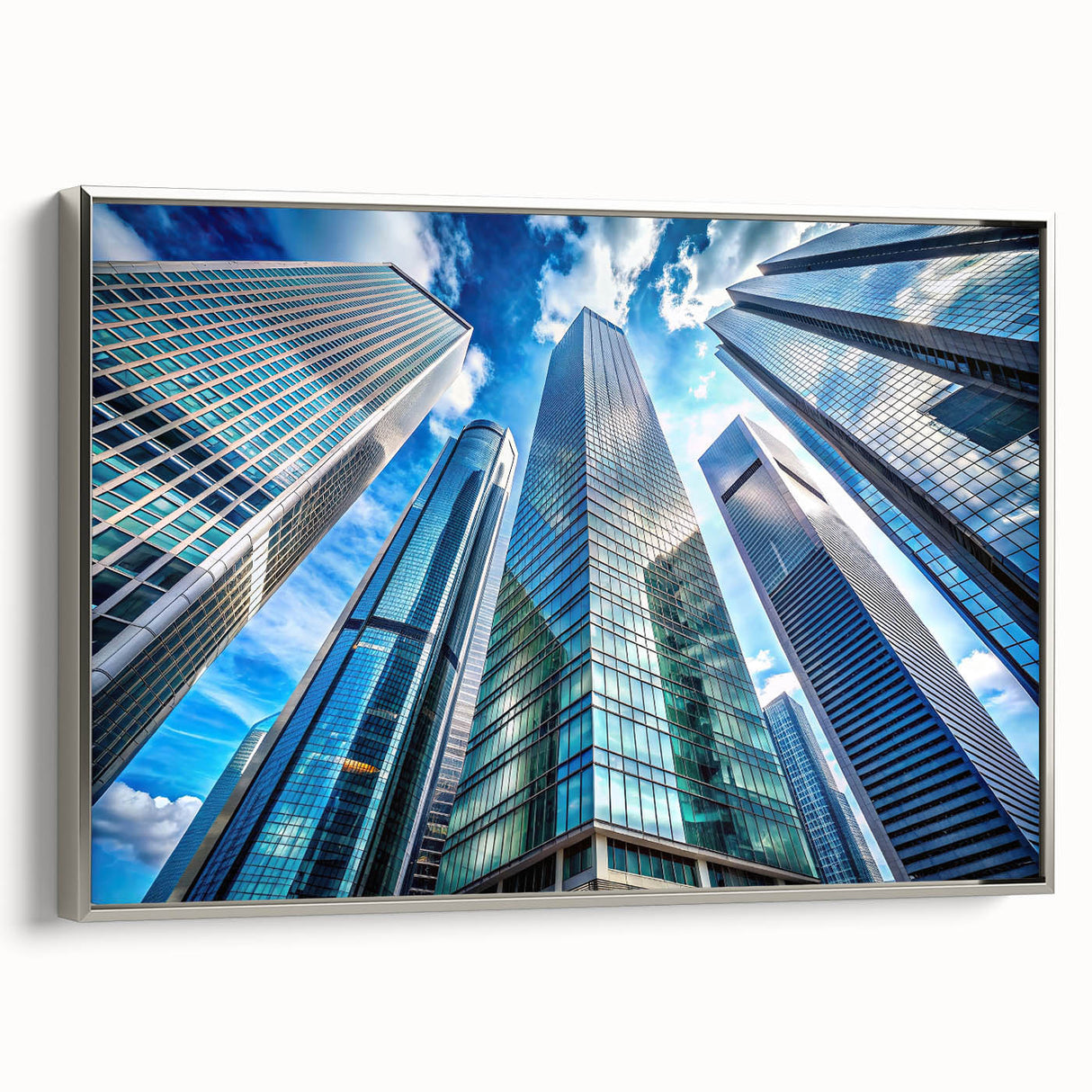 Vintage poster art of a skyscraper, rendered in black with colorful accents on a silver-framed canvas.