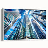 Framed canvas wall art featuring a vintage-style black and white skyscraper design, ideal for bedroom decor.