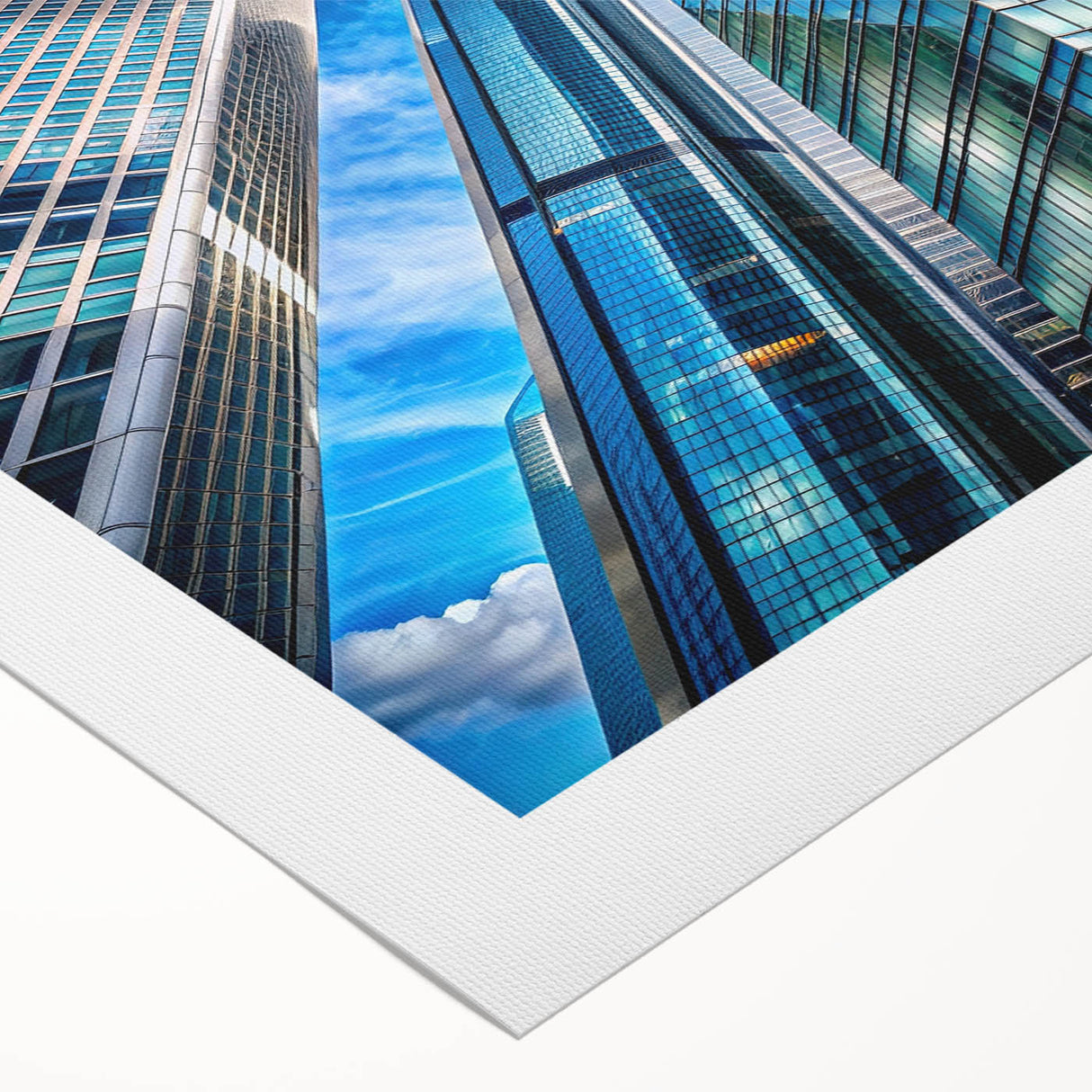 Art deco poster of a skyscraper, in muted gray tones on rolled canvas, suitable for dining room wall art.
