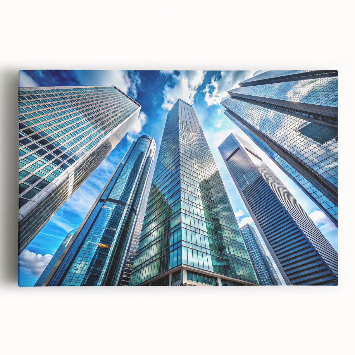 Black and white photo of skyscrapers on stretched canvas, ideal for kitchen wall art.