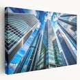 Large canvas print of a modern skyscraper in gray and blue tones, suitable for kitchen wall art.