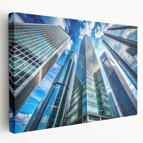 Large canvas print of a modern skyscraper in gray and blue tones, suitable for kitchen wall art.