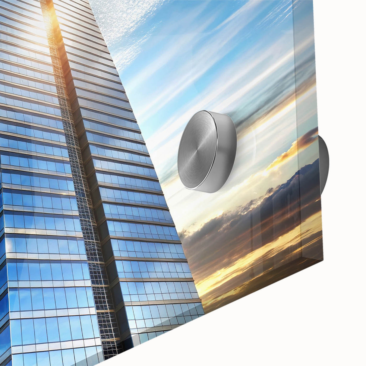 Mid-century modernist large abstract wall art featuring a skyscraper design in muted grays on acrylic glass.