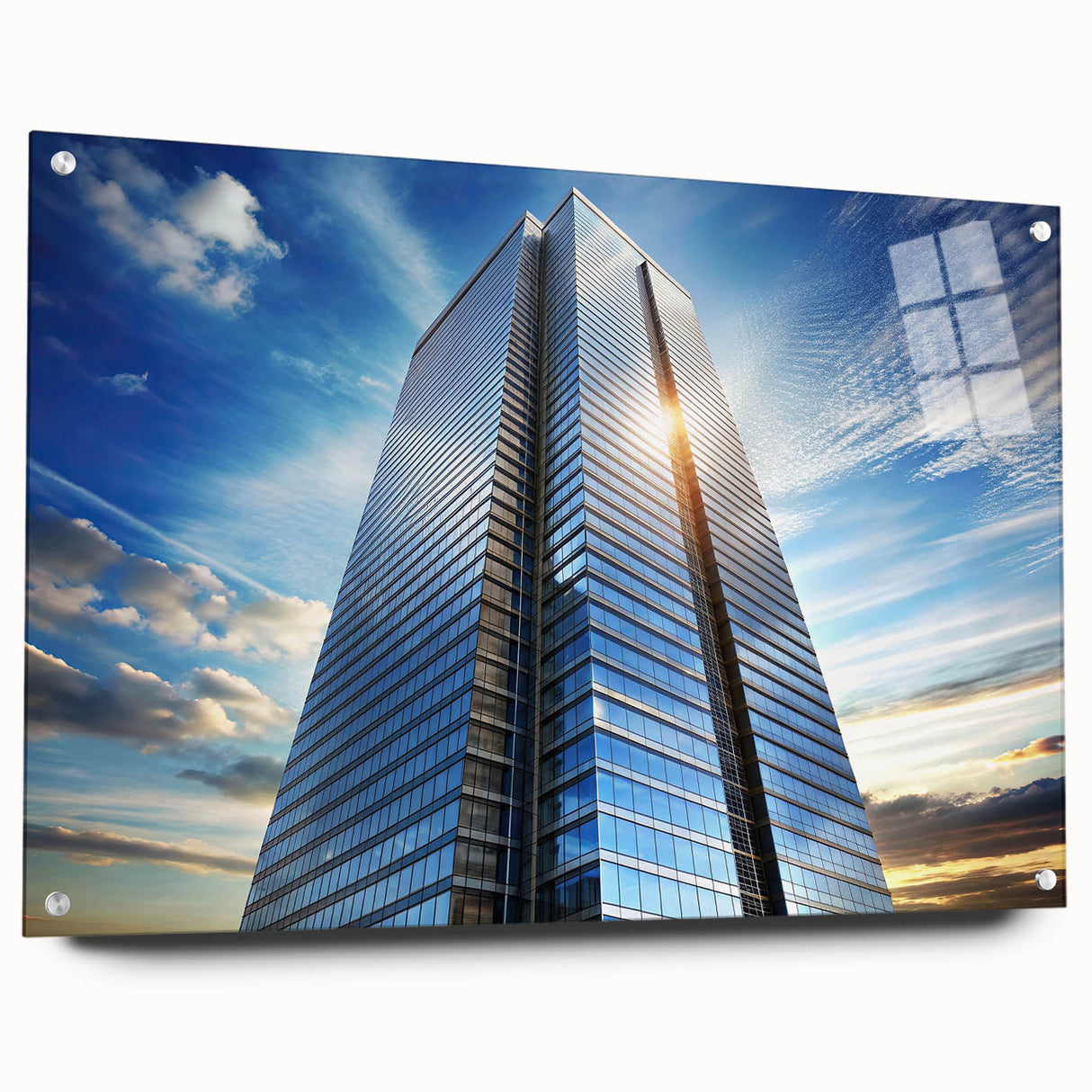 Acrylic print of a large abstract skyscraper design in gray tones, suitable for bedroom or dining room decor.