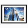 Extra large abstract art print of colorful, textured skyscrapers on a black framed canvas, suitable for living room decor.