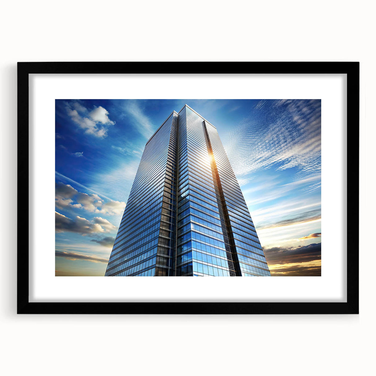 Extra large abstract art print of colorful, textured skyscrapers on a black framed canvas, suitable for living room decor.