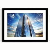 Extra large abstract art print of colorful, textured skyscrapers on a black framed canvas, suitable for living room decor.