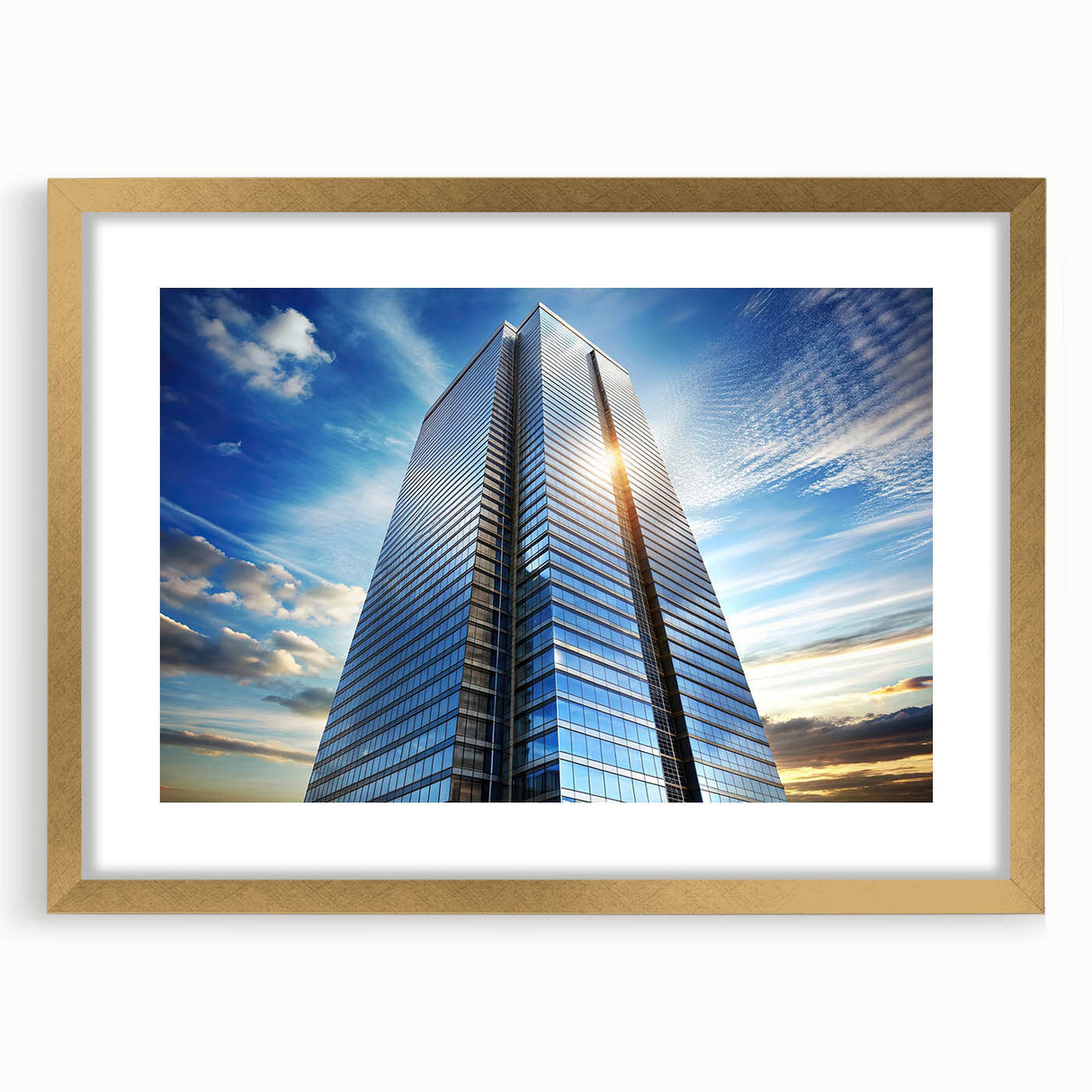Textured art print of abstract skyscrapers in gold frame, using soft gray and blue tones, suitable for bedroom decor.