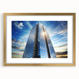 Textured art print of abstract skyscrapers in gold frame, using soft gray and blue tones, suitable for bedroom decor.