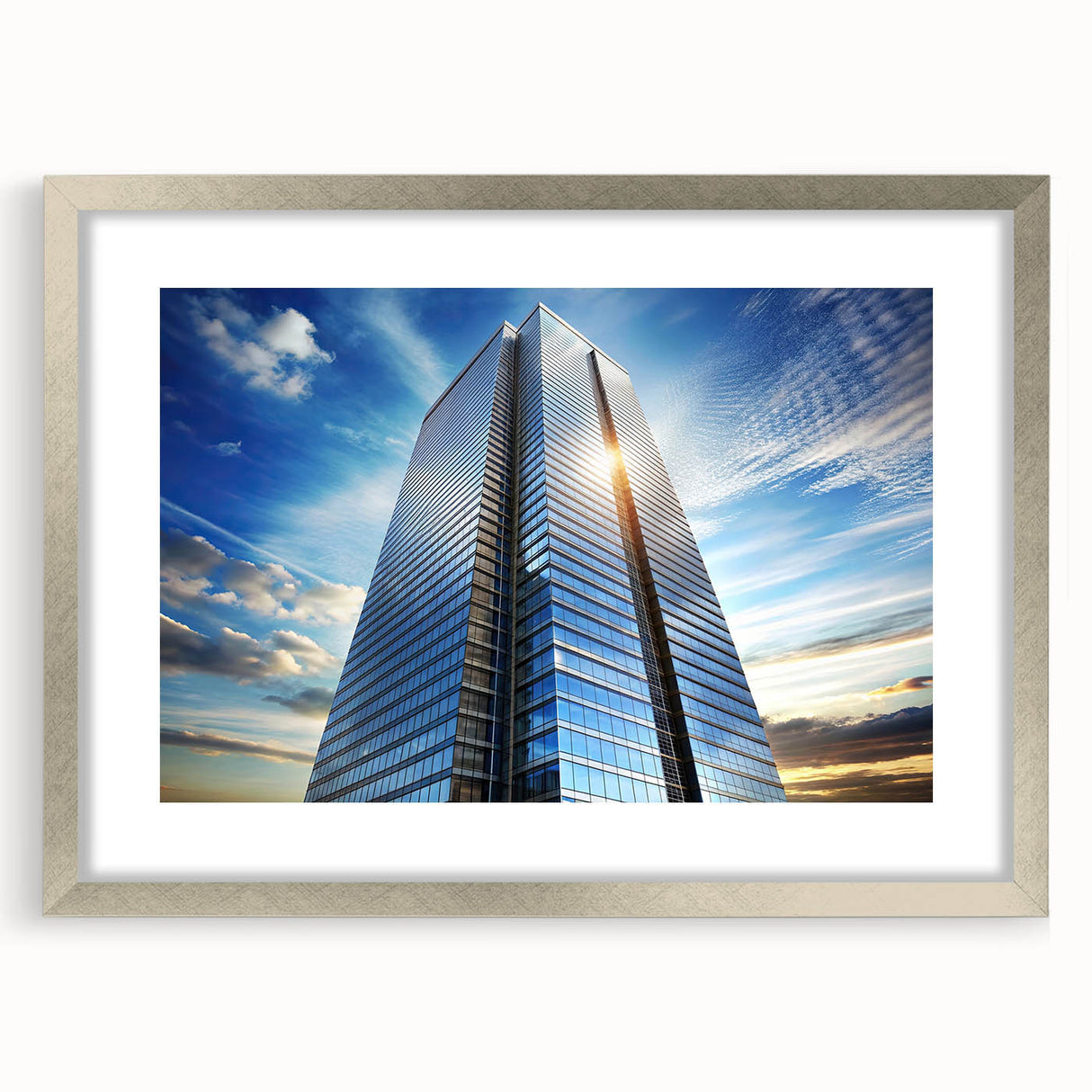 Abstract art print of a geometric skyscraper design in silver and gray tones, framed with a mat.