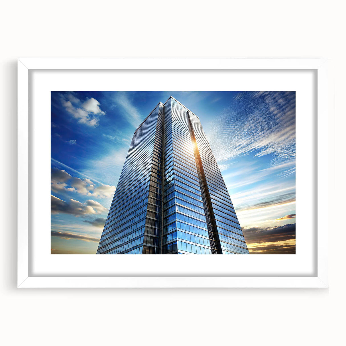 Extra large abstract art print featuring textured skyscraper designs in muted gray tones, framed with a white mat.