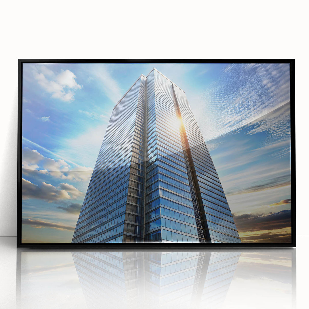 Large abstract wall art featuring geometric skyscraper designs in black and gray tones on a framed acrylic.