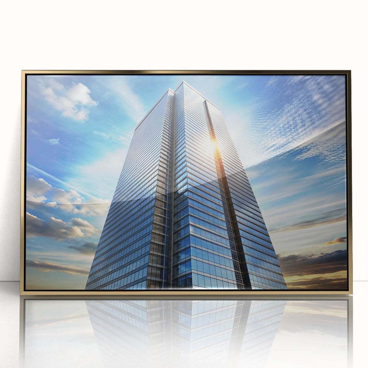 Mid-century modernist art depicting a gold-toned skyscraper on a framed acrylic, ideal for modern art wall decor.