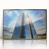 Mid-century modernist art depicting a gold-toned skyscraper on a framed acrylic, ideal for modern art wall decor.