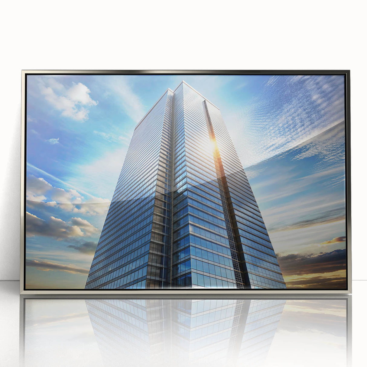 Art Deco style poster of a skyscraper, in silver and gray tones, framed acrylic, suitable as modern art wall decor.