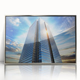 Art Deco style poster of a skyscraper, in silver and gray tones, framed acrylic, suitable as modern art wall decor.